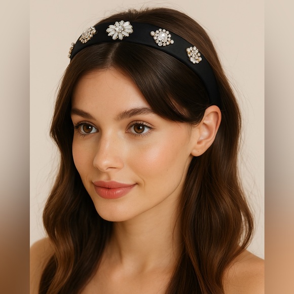 Accessories - Black Satin Jeweled Embellished faux pearl rhinstones Headband coquette softgirl